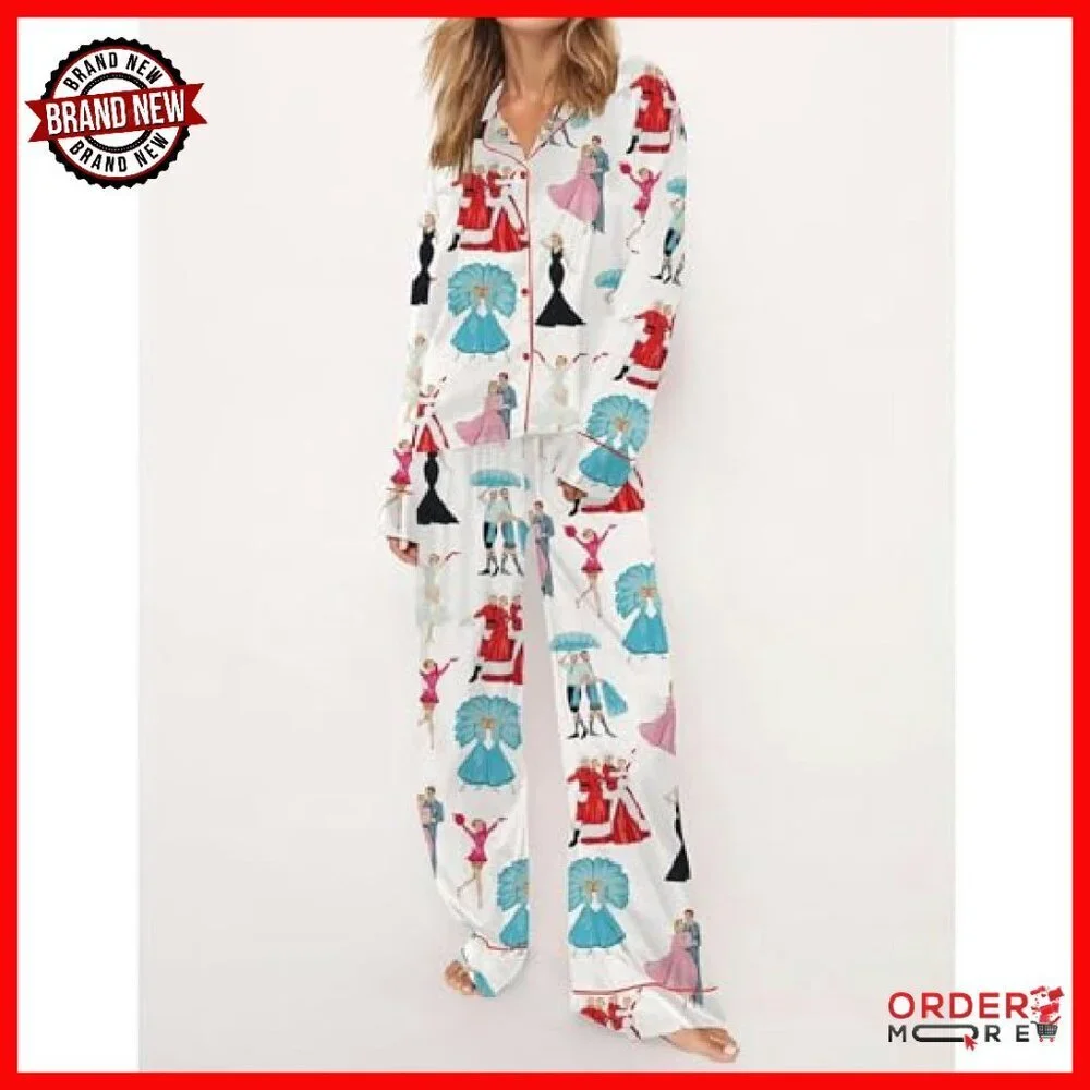 Women's Satin Christmas Pajama Set 2-Piece Button Down Holiday Sleepwear